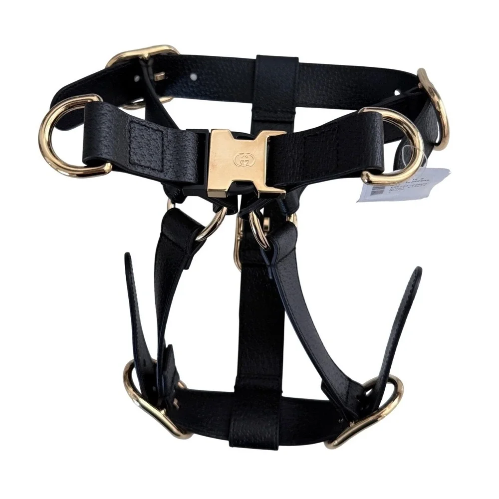 Gucci Black Demetra Dog Harness Gold Hardware Large 695253‎ NEW
